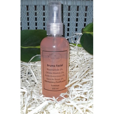 Bruma Facial Niacinamida 1%, Células Madres 1%, Ácido Hialurónico 1%, Agua de Rosas 1%, Hidratación y Tonificación Continua, solución acuosa